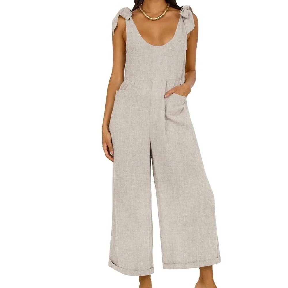 ZESICA Women's Summer Loose Sleeveless Jumpsuits Linen Adjustable Straps Oversiz